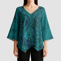Hawaiian Whales Polynesian Art Motifs Kimono Sleeve Blouse Turquoise Color LT03 - Polynesian Pride