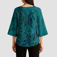 Hawaiian Whales Polynesian Art Motifs Kimono Sleeve Blouse Turquoise Color LT03 - Polynesian Pride