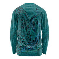 Hawaiian Whales Polynesian Art Motifs Long Sleeve Shirt Turquoise Color LT03 - Polynesian Pride