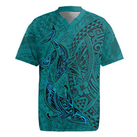 Hawaiian Whales Polynesian Art Motifs Rugby Jersey Turquoise Color - Polynesian Pride