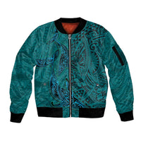 Hawaiian Whales Polynesian Art Motifs Sleeve Zip Bomber Jacket Turquoise Color - Polynesian Pride