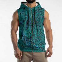 Hawaiian Whales Polynesian Art Motifs Sleeveless Zip Hoodie Turquoise Color - Polynesian Pride