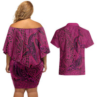 Hawaiian Whales Polynesian Art Motifs Couples Matching Off Shoulder Short Dress and Hawaiian Shirt Pink Color - Polynesian Pride
