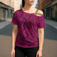 Hawaiian Whales Polynesian Art Motifs Cross Shoulder Shirt Pink Color LT03 - Polynesian Pride