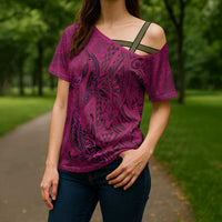 Hawaiian Whales Polynesian Art Motifs Cross Shoulder Shirt Pink Color LT03 - Polynesian Pride