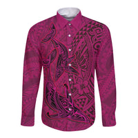 Hawaiian Whales Polynesian Art Motifs Long Sleeve Button Shirt Pink Color LT03 Unisex Pink - Polynesian Pride