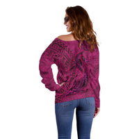 Hawaiian Whales Polynesian Art Motifs Off Shoulder Sweater Pink Color - Polynesian Pride