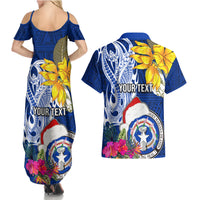 Custom Northern Mariana Islands Christmas Couples Matching Summer Maxi Dress and Hawaiian Shirt Funny Santa Hug Latte Stone Ylang-ylang and Polynesia Pattern Blue LT03 - Polynesian Pride