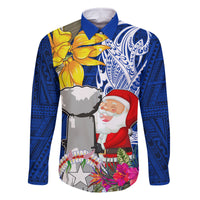 Custom Northern Mariana Islands Christmas Family Matching Summer Maxi Dress and Hawaiian Shirt Funny Santa Hug Latte Stone Ylang-ylang and Polynesia Pattern Blue LT03 Dad's Shirt - Long Sleeve Blue - Polynesian Pride