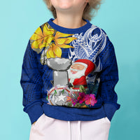 Custom Northern Mariana Islands Christmas Kid Ugly Christmas Sweater Funny Santa Hug Latte Stone Ylang-ylang and Polynesia Pattern Blue LT03 - Polynesian Pride