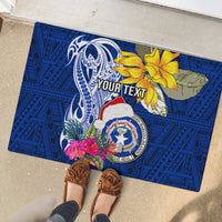 Custom Northern Mariana Islands Christmas Rubber Doormat Funny Santa Hug Latte Stone Ylang-ylang and Polynesia Pattern Blue LT03 - Polynesian Pride