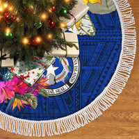 Custom Northern Mariana Islands Christmas Tree Skirt Funny Santa Hug Latte Stone Ylang-ylang and Polynesia Pattern Blue LT03 - Polynesian Pride