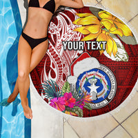 Custom Northern Mariana Islands Christmas Beach Blanket Funny Santa Hug Latte Stone Ylang-ylang and Polynesia Pattern Red LT03 - Polynesian Pride