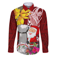 Custom Northern Mariana Islands Christmas Family Matching Short Sleeve Bodycon Dress and Hawaiian Shirt Funny Santa Hug Latte Stone Ylang-ylang and Polynesia Pattern Red LT03 Dad's Shirt - Long Sleeve Red - Polynesian Pride