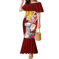 Custom Northern Mariana Islands Christmas Mermaid Dress Funny Santa Hug Latte Stone Ylang-ylang and Polynesia Pattern Red LT03 Women Red - Polynesian Pride