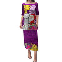 Custom Northern Mariana Islands Christmas Family Matching Puletasi Dress and Hawaiian Shirt Funny Santa Hug Latte Stone Ylang-ylang and Polynesia Pattern Pink LT03 Mom's Dress Pink - Polynesian Pride