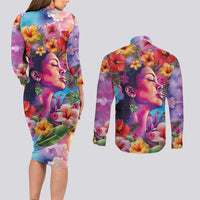 Polynesian Women Couples Matching Long Sleeve Bodycon Dress and Long Sleeve Button Shirt Tropical Plant - Vibrant Surreal Dreamscape Vibe