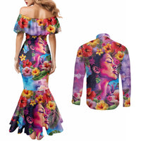 Polynesian Women Couples Matching Mermaid Dress and Long Sleeve Button Shirt Tropical Plant - Vibrant Surreal Dreamscape Vibe