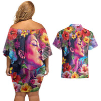 Polynesian Women Couples Matching Off Shoulder Short Dress and Hawaiian Shirt Tropical Plant - Vibrant Surreal Dreamscape Vibe