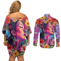 Polynesian Women Couples Matching Off Shoulder Short Dress and Long Sleeve Button Shirt Tropical Plant - Vibrant Surreal Dreamscape Vibe