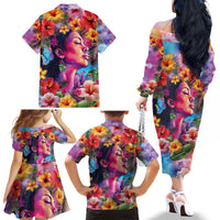 Polynesian Women Family Matching Off The Shoulder Long Sleeve Dress and Hawaiian Shirt Tropical Plant - Vibrant Surreal Dreamscape Vibe