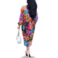 Polynesian Women Family Matching Off The Shoulder Long Sleeve Dress and Hawaiian Shirt Tropical Plant - Vibrant Surreal Dreamscape Vibe