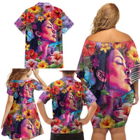 Polynesian Women Family Matching Off Shoulder Short Dress and Hawaiian Shirt Tropical Plant - Vibrant Surreal Dreamscape Vibe