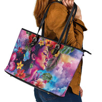 Polynesian Women Leather Tote Bag Tropical Plant - Vibrant Surreal Dreamscape Vibe