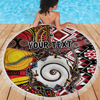 Personalised Aotearoa and Australia Together Beach Blanket Koru and Kangaroo - Taniko with Aboriginal Motif LT03 - Polynesian Pride