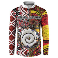 Personalised Aotearoa and Australia Together Button Sweatshirt Koru and Kangaroo - Taniko with Aboriginal Motif LT03 Black - Polynesian Pride
