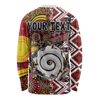Personalised Aotearoa and Australia Together Long Sleeve Shirt Koru and Kangaroo - Taniko with Aboriginal Motif LT03 - Polynesian Pride