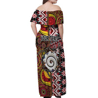 Personalised Aotearoa and Australia Together Off Shoulder Maxi Dress Koru and Kangaroo - Taniko with Aboriginal Motif LT03 - Polynesian Pride