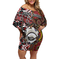 Personalised Aotearoa and Australia Together Off Shoulder Short Dress Koru and Kangaroo - Taniko with Aboriginal Motif LT03 Women Black - Polynesian Pride