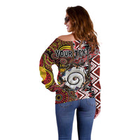 Personalised Aotearoa and Australia Together Off Shoulder Sweater Koru and Kangaroo - Taniko with Aboriginal Motif