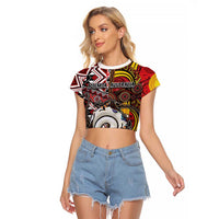 Personalised Aotearoa and Australia Together Raglan Cropped T Shirt Koru and Kangaroo - Taniko with Aboriginal Motif LT03 Female Black - Polynesian Pride