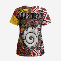 Personalised Aotearoa and Australia Together Scrub Top Koru and Kangaroo - Taniko with Aboriginal Motif LT03 - Polynesian Pride