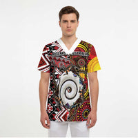 Personalised Aotearoa and Australia Together Scrub Top Koru and Kangaroo - Taniko with Aboriginal Motif LT03 - Polynesian Pride