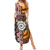 Personalised Aotearoa and Australia Together Summer Maxi Dress Koru and Kangaroo - Taniko with Aboriginal Motif LT03 Women Black - Polynesian Pride