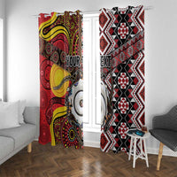 Personalised Aotearoa and Australia Together Window Curtain Koru and Kangaroo - Taniko with Aboriginal Motif LT03 With Grommets Black - Polynesian Pride