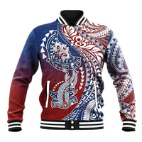 Hawaiian Manta Ray and Hammerhead Shark Tribal Tattoo Baseball Jacket with Polynesian Tribal Pattern Hawaii Flag Color LT03 Unisex Multicolor - Polynesian Pride