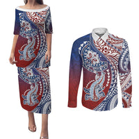 Hawaiian Manta Ray and Hammerhead Shark Tribal Tattoo Couples Matching Puletasi and Long Sleeve Button Shirt with Polynesian Tribal Pattern Hawaii Flag Color