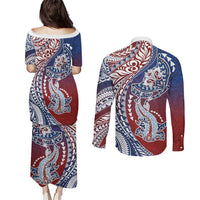 Hawaiian Manta Ray and Hammerhead Shark Tribal Tattoo Couples Matching Puletasi and Long Sleeve Button Shirt with Polynesian Tribal Pattern Hawaii Flag Color