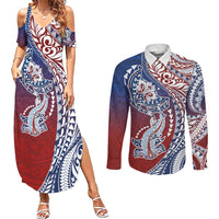Hawaiian Manta Ray and Hammerhead Shark Tribal Tattoo Couples Matching Summer Maxi Dress and Long Sleeve Button Shirt with Polynesian Tribal Pattern Hawaii Flag Color