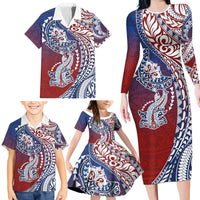 Hawaiian Manta Ray and Hammerhead Shark Tribal Tattoo Family Matching Long Sleeve Bodycon Dress and Hawaiian Shirt with Polynesian Tribal Pattern Hawaii Flag Color