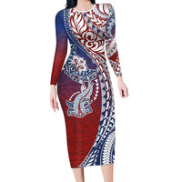 Hawaiian Manta Ray and Hammerhead Shark Tribal Tattoo Family Matching Long Sleeve Bodycon Dress and Hawaiian Shirt with Polynesian Tribal Pattern Hawaii Flag Color