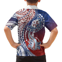 Hawaiian Manta Ray and Hammerhead Shark Tribal Tattoo Family Matching Off Shoulder Short Dress and Hawaiian Shirt with Polynesian Tribal Pattern Hawaii Flag Color