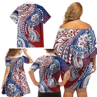 Hawaiian Manta Ray and Hammerhead Shark Tribal Tattoo Family Matching Off Shoulder Short Dress and Hawaiian Shirt with Polynesian Tribal Pattern Hawaii Flag Color