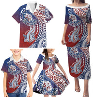 Hawaiian Manta Ray and Hammerhead Shark Tribal Tattoo Family Matching Puletasi and Hawaiian Shirt with Polynesian Tribal Pattern Hawaii Flag Color