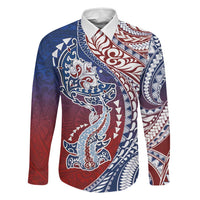Hawaiian Manta Ray and Hammerhead Shark Tribal Tattoo Family Matching Puletasi and Hawaiian Shirt with Polynesian Tribal Pattern Hawaii Flag Color