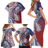 Hawaiian Manta Ray and Hammerhead Shark Tribal Tattoo Family Matching Short Sleeve Bodycon Dress and Hawaiian Shirt with Polynesian Tribal Pattern Hawaii Flag Color
